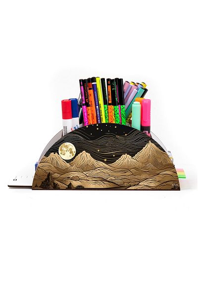 kutuTR Wooden Vip Mountain Series Rainbow Ruled Desktop Pen Holder Organizer with Assembled Box