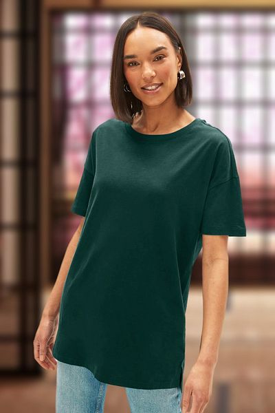 BESSA Tricou de bază din bumbac, verde, cu decolteu, oversize
