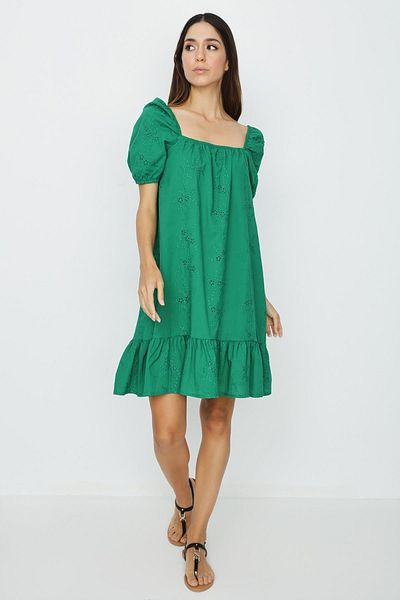 Select Moda Women's Green Balloon Sleeve Embroidery Dress