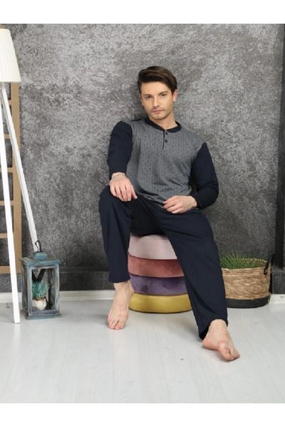 Huq Moda Ανδρικό Σετ Πυτζάμες Ζακάρ 100% Βαμβακερό Χτενισμένο Βαμβακερό Γκρι