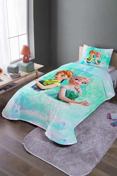 EVPANYA Set și cuvertură de pat unică cu modele Elsa și Anna Castelul Green Dream