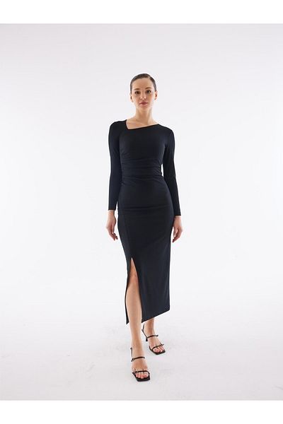 Juste Studio Asymmetrical Collar Black Slit Dress