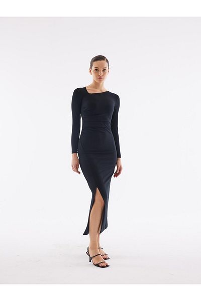 Juste Studio Asymmetrical Collar Black Slit Dress