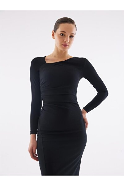 Juste Studio Asymmetrical Collar Black Slit Dress