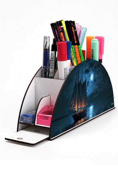 kutuTR Wooden VIP Ocean Series Rainbow Ruled Desktop Pen Holder Organizer with Assembled Box