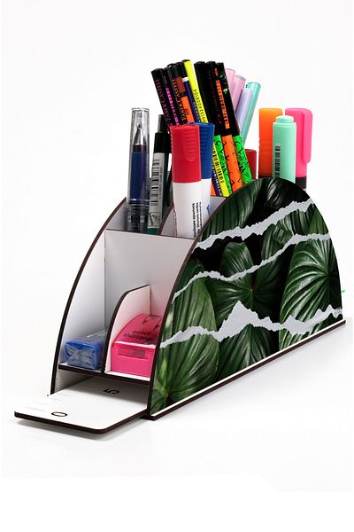 kutuTR Wooden VIP Forest and Leaves Series Desktop Pen Holder Organizer with Rainbow Ruler Assembled Box