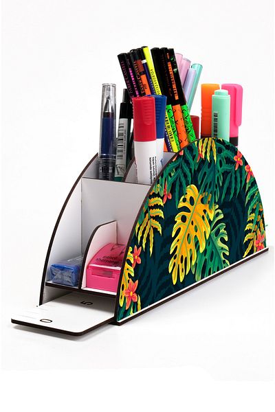 kutuTR Wooden VIP Forest and Leaves Series Desktop Pen Holder Organizer with Rainbow Ruler Assembled Box