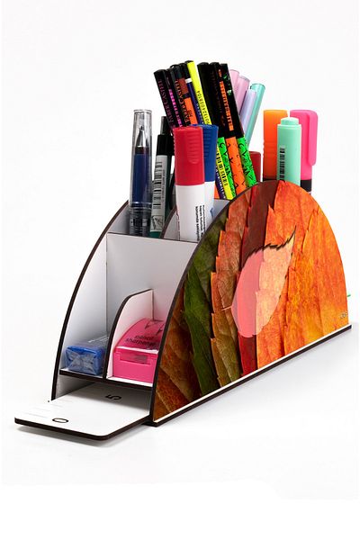 kutuTR Wooden VIP Forest and Leaves Series Desktop Pen Holder Organizer with Rainbow Ruler Assembled Box