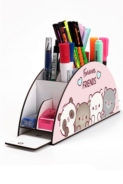 kutuTR Wooden VIP Desktop Pen Holder Organizer with Rainbow Ruler for Kids with Assembled Box