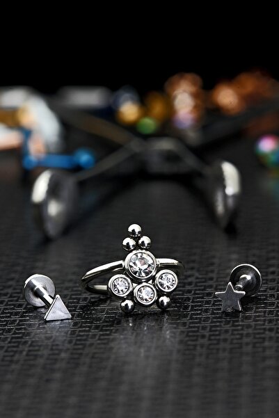 depozoom Zirkon Taşlı Cerrahi Çelik Kıkırdak Ve Tragus Set Piercing