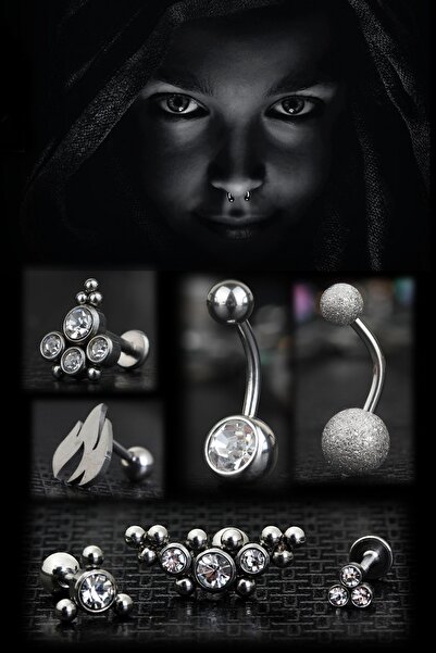depozoom Cerrahi Çelik Kıkırdak Tragus Helix Labret Göbek 7'li Set Piercing