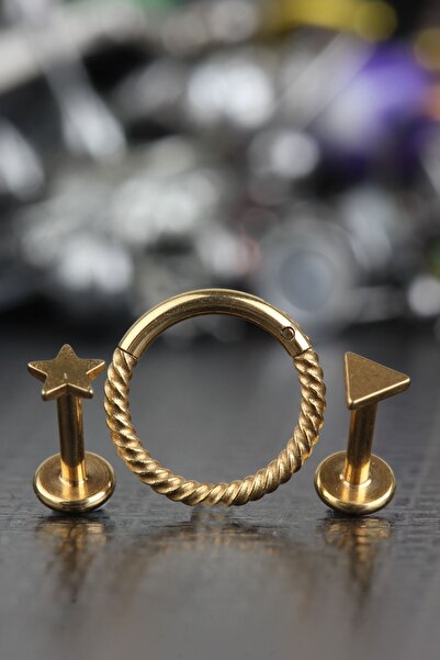 depozoom 316l Cerrahi Çelik Kıkırdak Tragus Helix Yıldız Üçgen Burma Halka 3'lü Set Piercing 6 Mm Gold