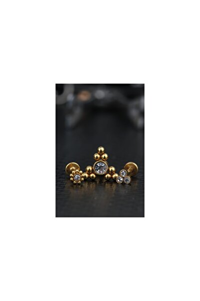 depozoom Cerrahi Çelik Kıkırdak Tragus Zirkon Taş 3'lü Set Piercing Gold