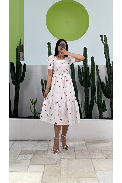 Genel Markalar Poplin Kumaş Kemerli Kare Yaka Gipeli Elbise Uzun Elbise Elbise