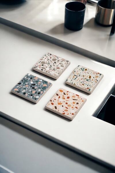 Baumatelier Colorful Terrazzo Themed Natural Stone Travertine Coasters Set of 4