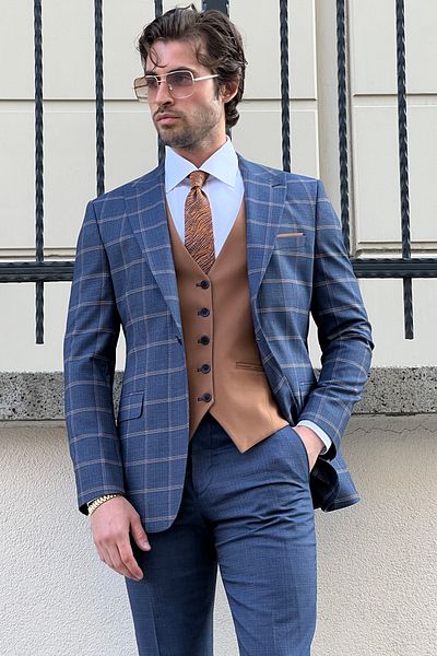 NAZEF Slim-Fit Men's Wool Combination Suit with Plaid Vest