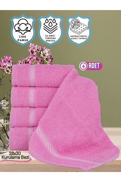 Şelale Can 6-Piece Pink Colored Soft/Water Absorbent Cotton 28x30 Kitchen Drying Cloth Set