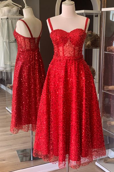 Lenta Moda Red Stoned Midi Length Evening Dress and Evening Dress
