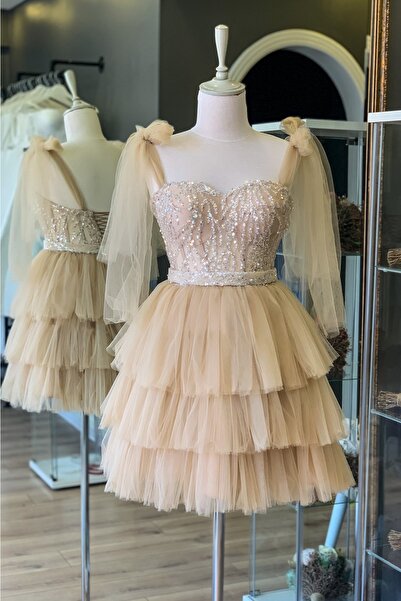 Lenta Moda Ten Rengi Dantel Kaplı Mini Gece Ve Parti Elbisesi