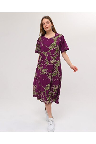 Nehir tekstil Πεντάγωνο γιακά Κομμάτι ραμμένο μισό μανίκι συν μέγεθος βαμβακερό χτενισμένο φόρεμα