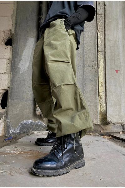 Gofeel Χακί Πράσινο Unisex Baggy Jean - Loose Fit, Ύφασμα Αλεξίπτωτου, Καλοκαιρινό Παντελόνι