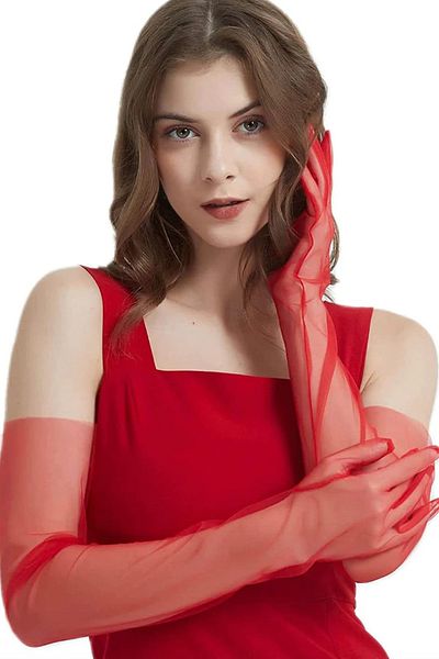 Hayalperest boncuk Long Tulle Red Wedding Gloves