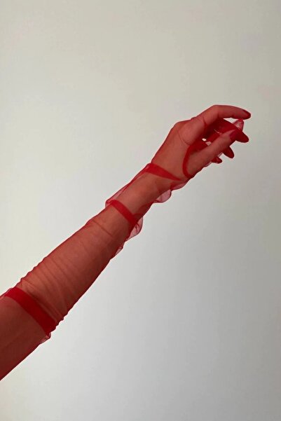 Hayalperest boncuk Long Tulle Red Wedding Gloves