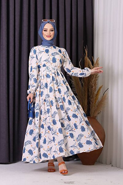 Neşeli Butik γυναικείο λινό στάμπα ισλαμικό φόρεμα SMS002 - Μπλε