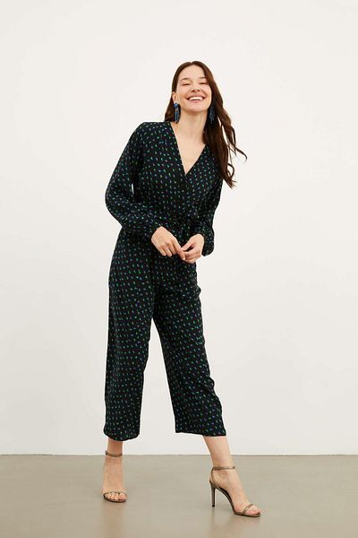 Hanna's by Hanna Darsa Women's V-Neck Buttoned Front Long Sleeve Belted Waist Printed Patterned Cotton Woven Jumpsuit