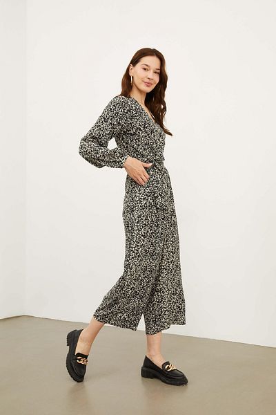 Hanna's by Hanna Darsa Women's V-Neck Buttoned Front Long Sleeve Belted Waist Printed Patterned Cotton Woven Jumpsuit