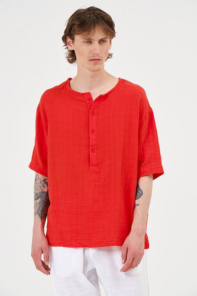 RELAXL Men's Red Muslin Fabric Crew Neck 100% Cotton Checkered T-Shirt
