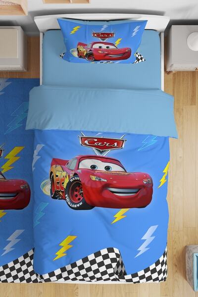 EVPANYA Yarışçı Mavi Mcqueen Desenli Tek Kişilik Bebek Çocuk Nevresim Seti