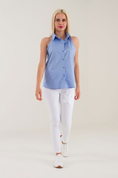 Bold & Young Cămașă albastră din popelin lycra fără mâneci pentru femei