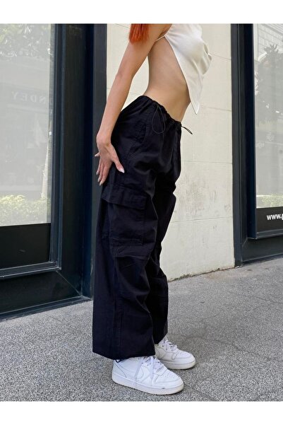 Gofeel Kargo Cepli Beli Lastikli Siyah Renkli Salaş Baggy Unisex Pantolon