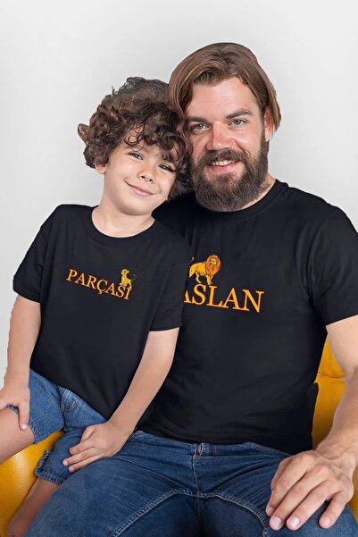 Machetta Siyah Aslan Parçası Baskılı Baba Oğul Siyah Pamuklu Tişört Kombin