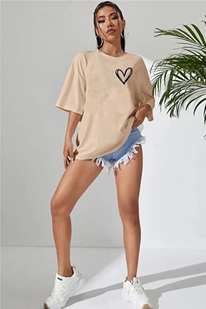 blausee wear Μπλουζάκι Unisex Minimal Heart με τύπωμα με λαιμόκοψη από βαμβάκι oversized Boyfriend