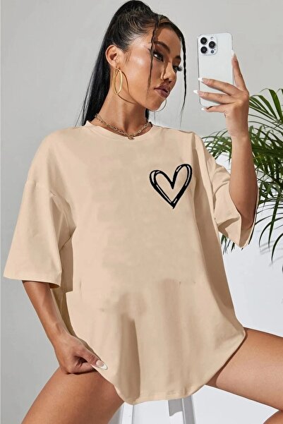 blausee wear Μπλουζάκι Unisex Minimal Heart με τύπωμα με λαιμόκοψη από βαμβάκι oversized Boyfriend