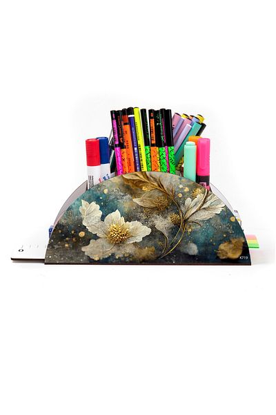 kutuTR Wooden VIP Aİ Model Series Desktop Pen Holder Organizer with Rainbow Ruler Assembled Box
