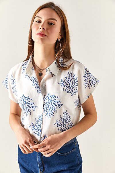 Olalook Γυναικείο μπλουζάκι από λινό μπλουζάκι με μπλε σχέδιο GML-19001129