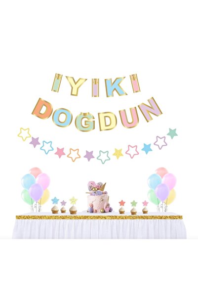 Big Party Makaron Renk Iyi Ki Doğdun Ve 12 Parça Makaron Renkli Yıldızlı Set