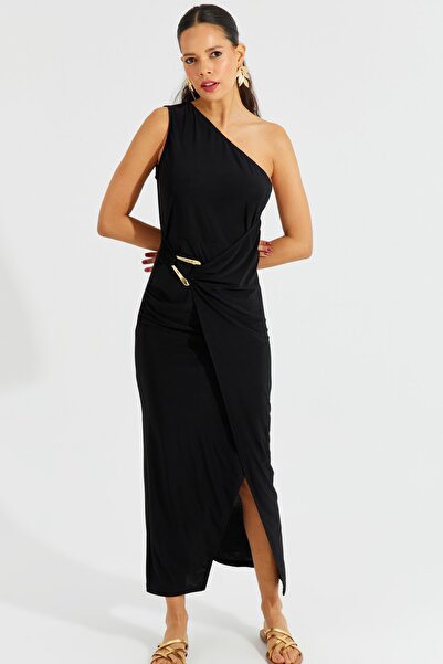 Cool & Sexy Γυναικείο Μαύρο Μάξι Φόρεμα με One Shoulder Bockle BK1658