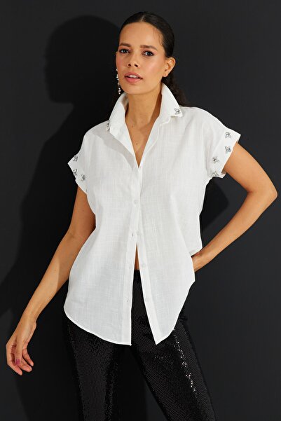 Cool & Sexy قميص نسائي من الكتان الأبيض مرصع بالأحجار TD147