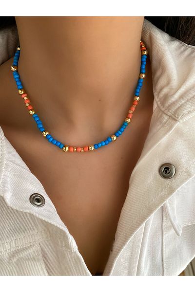 Lucky Designs Gold Detail Turquoise Orange Bead Necklace