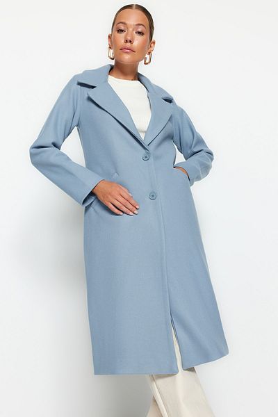 Trendyol Collection Dlouhý modrý kabát s razítkem - Regular Fit TWOAW24KB00013