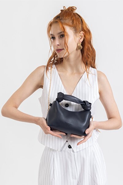 NOTHING Women's Dark Navy Blue Soft Leather Knot Detailed Handled Chain Strap Mini Hand Shoulder Baguette Bag