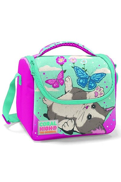 Coral High Pink Green Cat Girl Cutie de prânz pentru școală