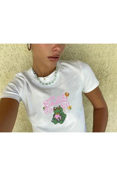 Gofeel Stay Groovy Frog Λευκό Γυναικείο Μπλουζάκι Crop Top Μπλούζα