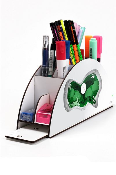 kutuTR Wooden VIP Forest and Leaves Series Desktop Pen Holder Organizer with Rainbow Ruler Assembled Box