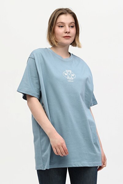 Owut Collection Πλεκτό μπλουζάκι Unisex Τυρκουάζ 100% βαμβακερό με στάμπα με όρθιο γιακά