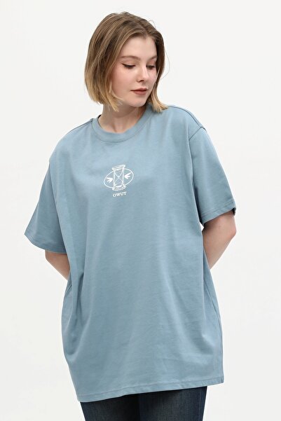 Owut Collection Πλεκτό μπλουζάκι Unisex Τυρκουάζ 100% βαμβακερό με στάμπα με όρθιο γιακά